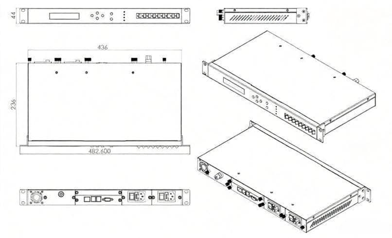 C Band 1U Rack Mount DWDM EDFA Booster Amplifier, 20dBm Output Power 4 C-band DWDM Amplifier 1RU EDFA Dimensional Drawing
