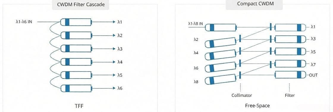 Single Fiber 4 Channel Compact CWDM Mux Demux Module 3 CCWDM Mux Demux, Compact CWDM Unique Free-Space Technology