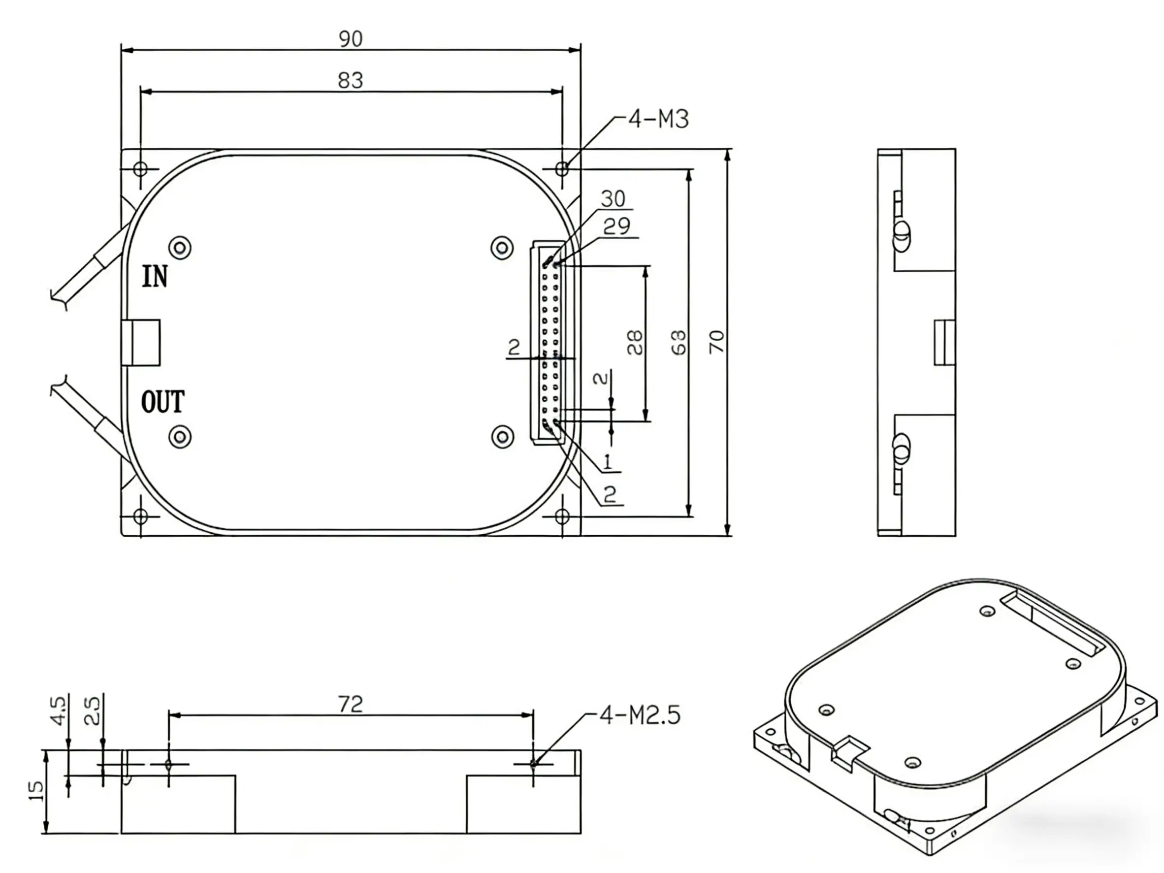 C Band Fixed Gain EDFA Mini Module, 17dB Gain 2 High Power CL Band EDFA Fiber Amplifier Mini Module Mechanical Dimensions