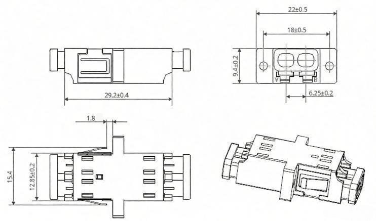 LC/APC Female to LC/APC Female Duplex Singlemode Plastic Fiber Optic Adapter/Coupler with Flange 2 LC UPC Female to LC UPC Female Duplex Singlemode Plastic Fiber Optic Adapter Coupler with Flange Dimensions